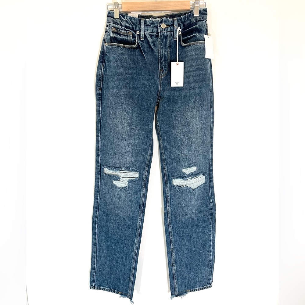 Good American NWT Good Icon Straight Ankle Crop Indigo061 Medium Wash Distressed - Picture 3 of 14